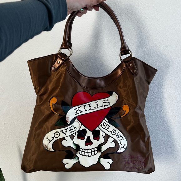 Ed Hardy Handbags - ꧁ VTG Bronze/Metallic Brown Ed Hardy by Christian Audigier Nylon Tote Bag ꧂